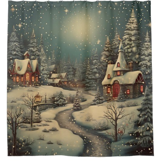 "Snowy Christmas Night Village Scene" Duschvorhang (Vorderseite)