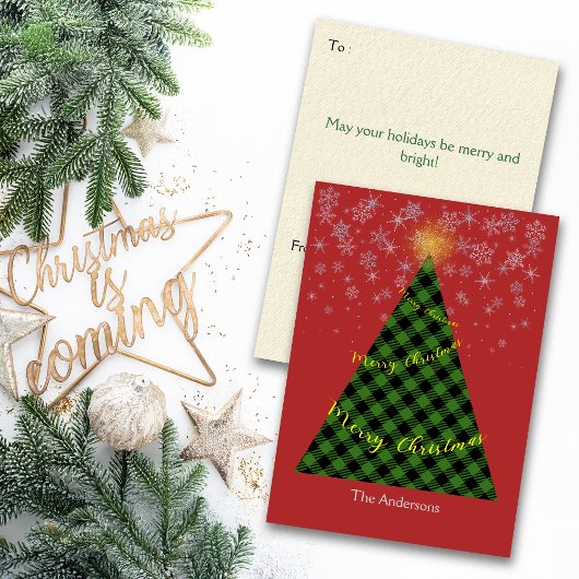 Snowy Christmas Plaid Tree Personalize Feiertagskarte