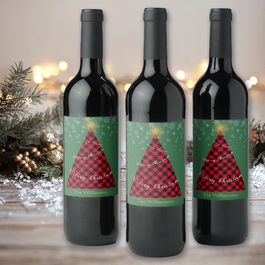 Snowy Christmas Plaid Tree Personalize Weinetikett