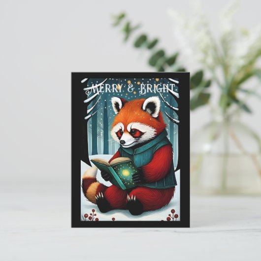 Snowy Christmas Red Panda Reading Book Postcard Postkarte (Stehend Vorderseite)