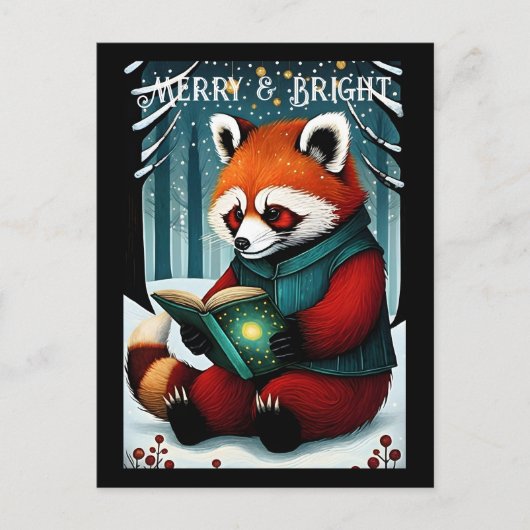 Snowy Christmas Red Panda Reading Book Postcard Postkarte (Vorderseite)