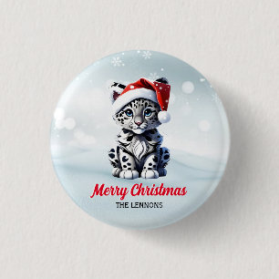 Snowy Christmas Santa Niedlich Snow Leopard Cub Button