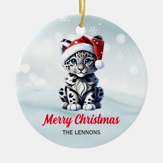Snowy Christmas Santa Niedlich Snow Leopard Cub Keramik Ornament (Vorne)