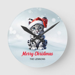Snowy Christmas Santa Niedlich Snow Leopard Cub Runde Wanduhr