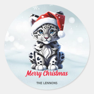 Snowy Christmas Santa Niedlich Snow Leopard Cub Runder Aufkleber