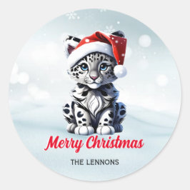 Snowy Christmas Santa Niedlich Snow Leopard Cub Runder Aufkleber