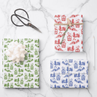 Snowy Christmas Toile | Blau grün und rot Geschenkpapier Set