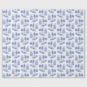 Snowy Christmas Toile | Blauer Single Geschenkpapier (Flach)