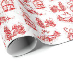 Snowy Christmas Toile | Roter Single  Geschenkpapier<br><div class="desc">Schneelandschaften mit versteckten Bauern und Bögen im handgezeichneten toilen Stil</div>