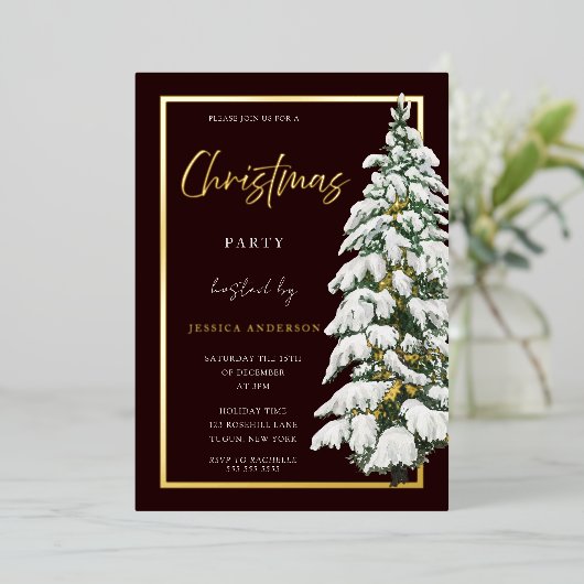 Snowy Christmas Tree Xmas Party Gold Folieneinladung (Stehend vorne)
