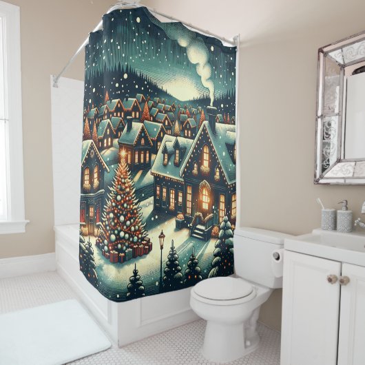 "Snowy Christmas Village Night" Duschvorhang (Beispiel)