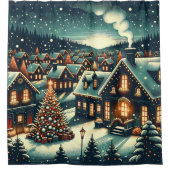 "Snowy Christmas Village Night" Duschvorhang (Vorderseite)