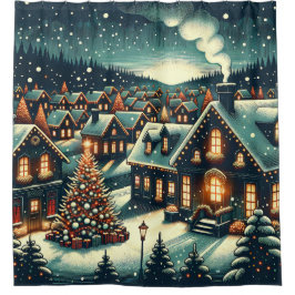 "Snowy Christmas Village Night" Duschvorhang