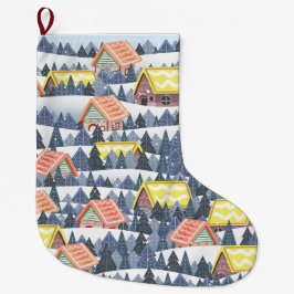 Snowy Christmas Village Pattern Großer Weihnachtsstrumpf