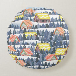 Snowy Christmas Village Pattern Rundes Kissen