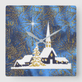 Snowy Church Christmas Clock Quadratische Wanduhr (Vorderseite)
