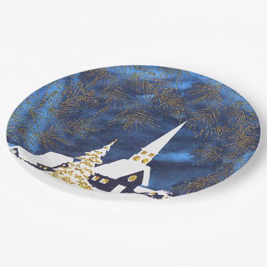 Snowy Church Weihnachtsbuch-Teller Pappteller (Schrägansicht)