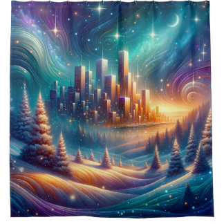 "Snowy Cityscape Under Starry Sky" Duschvorhang