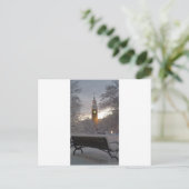 Snowy Clock Tower mit Bench Postkarte (Stehend Vorderseite)