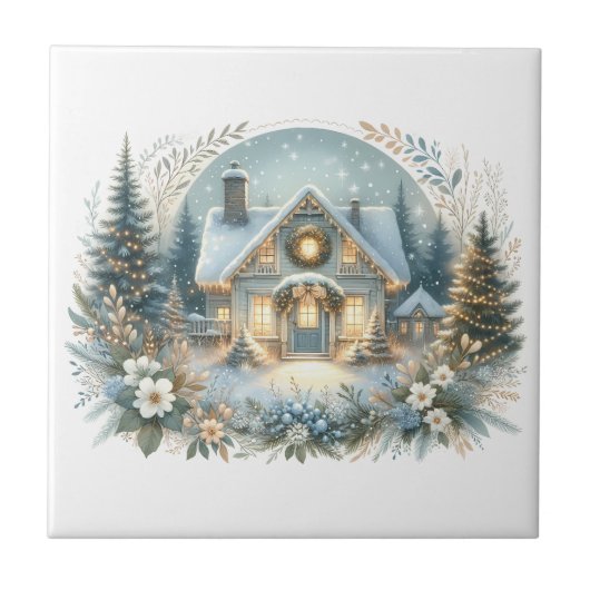 Snowy Cottage Glow Scene Fliese (Vorderseite)