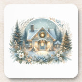 Snowy Cottage Glow Scene Getränkeuntersetzer (Vorderseite)