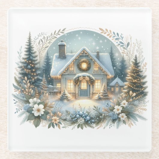 Snowy Cottage Glow Scene Glasuntersetzer (Vorderseite)
