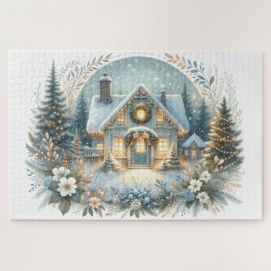 Snowy Cottage Glow Scene Puzzle (Horizontal)