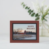 Snowy Country Barn Happy Holidays Feiertagspostkarte (Stehend Vorderseite)