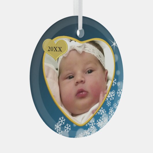 Snowy Dark Blue Baby's Birth Year Foto Weihnachten Ornament Aus Glas (Vorderseite Rechts)