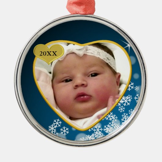 Snowy Dark Blue Baby's Birth Year Foto Weihnachten Ornament Aus Metall (Vorne)