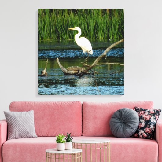 Snowy Egret auf Log-Canvas Print Leinwanddruck (Insitu (Wohnzimmer))
