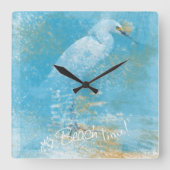 Snowy Egret Clock Es ist Beach Time! Quadratische Wanduhr (Vorderseite)