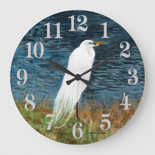 Snowy Egret Clock Große Wanduhr (Vorderseite)