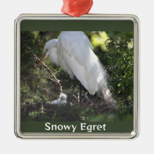 Snowy Egret mit Baby Ornament Aus Metall