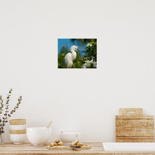 Snowy Egret mit Blume Print oder Poster (Küche)