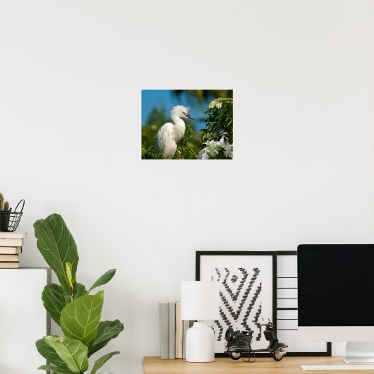Snowy Egret mit Blume Print oder Poster (Heimbüro)