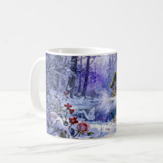 Snowy Enchanted Forest Cottage with Bridge and Glo Kaffeetasse