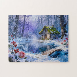 Snowy Enchanted Forest Cottage with Bridge and Glo Puzzle