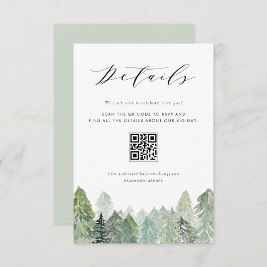 Snowy Evergreen Forest QR Code Hochzeitsdetails Begleitkarte (Vorne/Hinten)