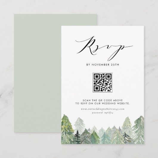Snowy Evergreen Forest QR Code Winterhochzeit RSVP Karte (Vorne/Hinten)