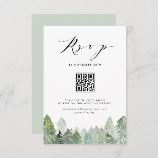 Snowy Evergreen Forest QR Code Winterhochzeit RSVP Karte (Vorne/Hinten)