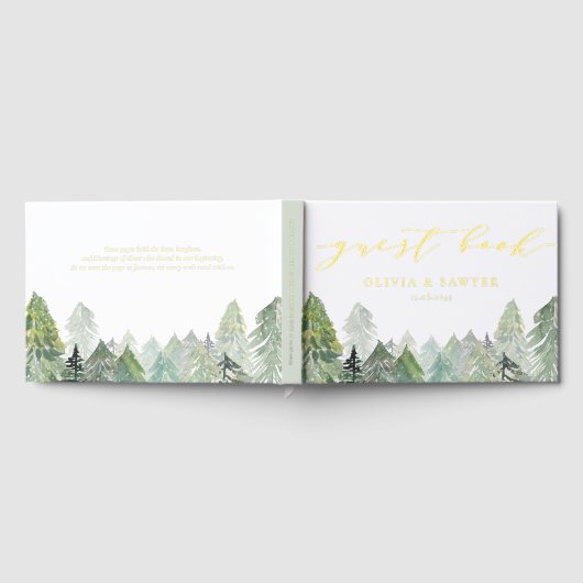 Snowy Evergreen Forest Script Winter Wedding Gästebuch (Voll)