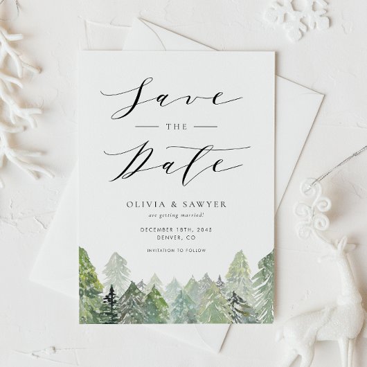 Snowy Evergreen Forest Winter Save the Date Ankündigungspostkarte
