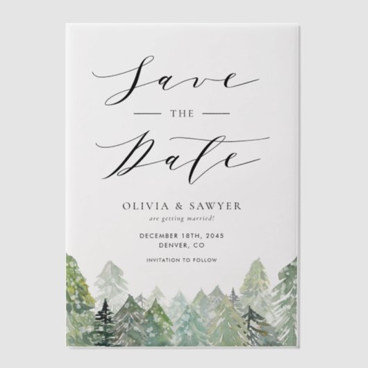 Snowy Evergreen Forest Winter Save the Date Pergament Einladungen (Vorderseite)