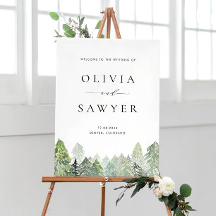 Snowy Evergreen Forest Winter Wedding Willkommen Poster