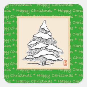 Snowy Evergreen Happy Square Weihnachtssticker Quadratischer Aufkleber