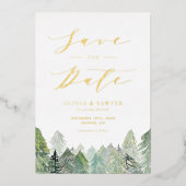 Snowy Evergreen Landschaft Winter Save the Date Folieneinladung (Vorderseite)