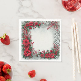 Snowy Evergreen Poinsettia Floral Frame Decoupage Serviette