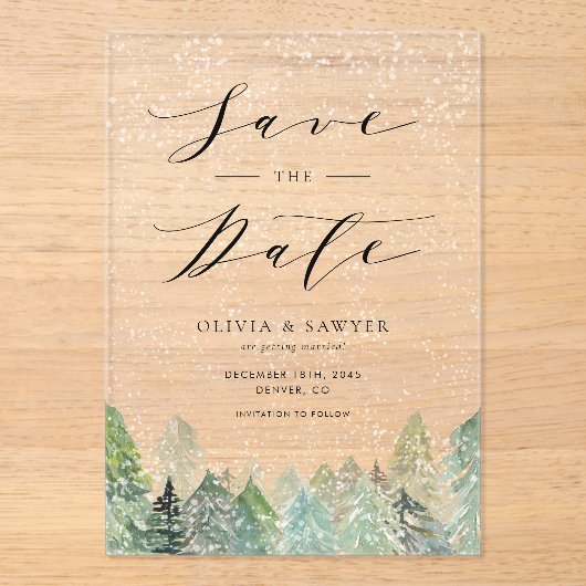 Snowy Evergreen Woodland Winter Save the Date Acryleinladungen (Vorderseite)