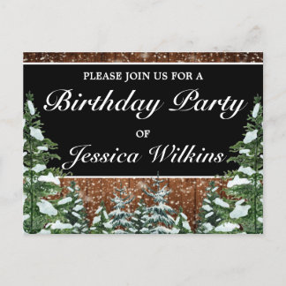 Snowy Forest Birthday Black Einladung Postcard